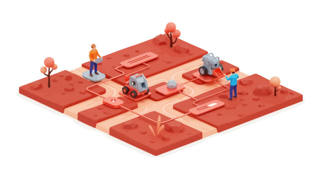 Isometric 3D Illustration of a Mars Colony Base with Astronauts and Robotic Rovers Mining Resources on a Red Planetary Surface