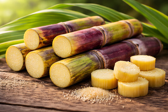 Fresh sugarcane stalks with sliced cane pieces on rustic wooden table, organic tropical agriculture harvest. Natural sweet sugar crop, raw cane juice ingredient, healthy farm produce, botanical grass 