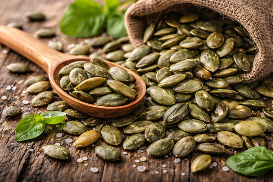Pumpkin seeds spilling from burlap sack on rustic wooden table, nutritious pepitas in wooden spoon, healthy snack ingredient, organic superfood nutrition, natural plant protein source, wholesome culin