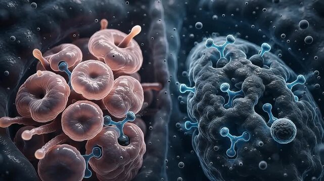 Microscopic 3D view of monoclonal antibodies binding to mutated cancer cells and necrotic tumor tissue in targeted immunotherapy