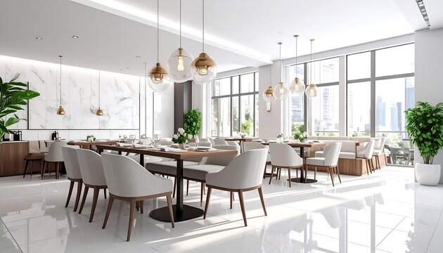 Modern dining area with large windows, tables set for service, and ambient lighting. Light-colored chairs and stylish decor