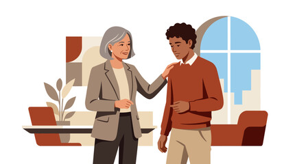 Fototapeta premium Senior Business Woman Mentoring a Young Professional Man in a Modern Office, Flat Illustration of Career Coaching, Mentorship, and Diverse Workplace Collaboration