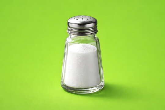 Glass salt shaker isolated on bright green background, transparent seasoning container with white salt crystals, kitchen ingredient close up, cooking condiment dispenser, minimal food object photograp