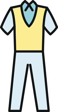 School uniform featuring a light blue shirt, yellow sweater vest, and blue pants