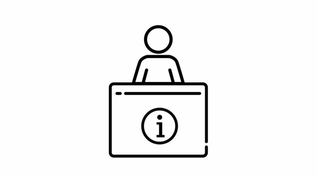 Information desk and reception counter icon: customer service booth, minimalist black line art vector illustration for help desk and hospitality.