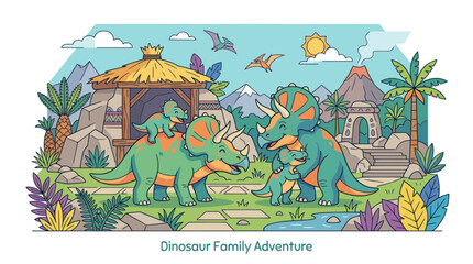 Triceratops Dinosaur Family in Lush Prehistoric Landscape © nia