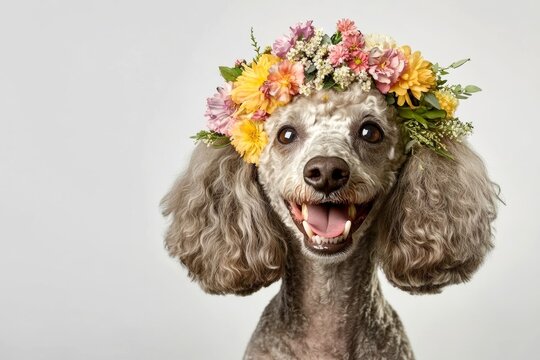 Professional studio artwork. Cute baby dog italian greyhound wearing primal flower circlet on its head - symbol of sunny holiday season. Isolated orange background, copy space, promotion creative.