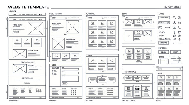 Website Template Wireframe Mockup - UI UX Design Layouts and Icons