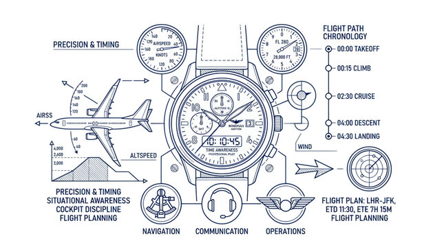 Pilot Watch with Aviation Infographic and Flight Plan Details