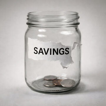Savings money jar with coins and torn label, personal finance budgeting concept for emergency fund planning, transparent glass container symbolizing financial goals, thrift habits, investment discipli