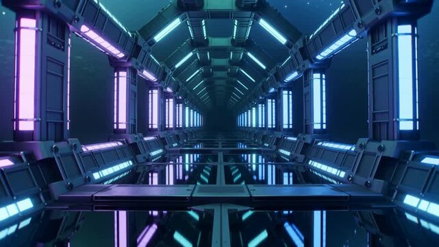 An endless futuristic tunnel built from glowing neon frames under the sea, Neon Diamond Frames with Endless Forward Motion