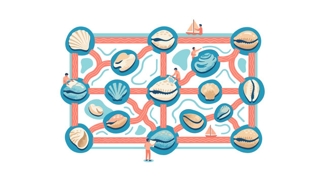 Abstract Network of Cowrie Shells and Marine Life with Tiny People, Concept of Ancient Currency, Trade Systems, and Global Connectivity Flat Vector Illustration