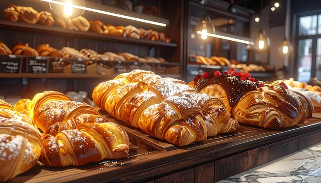 A bakery display case filled with assorted pastries and croissants (2)