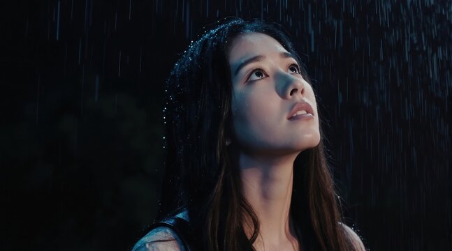 Young woman stands outside at night. Raindrops fall on her face and wet her dark hair. She looks up thoughtfully towards the dark sky. The mood is calm and introspective.