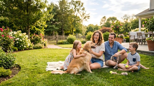 Happy family with their golden retriever dog playing in the backyard