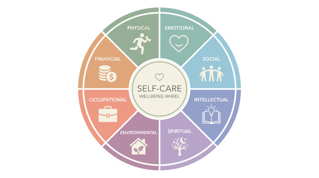 Holistic Self-Care Wellbeing Wheel Infographic with Eight Wellness Dimensions