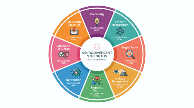 Neurodivergent Strengths Circle Infographic Design Showing Positive Reframing and Skills