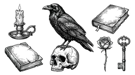 Naklejka premium Halloween icon set vector with raven skull candles and books.