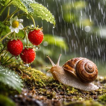 Snail crawling in rainy forest garden near wild strawberries, macro nature scene with raindrops on green leaves, cute mollusk wildlife on wet moss, summer berry harvest and peaceful woodland ecosystem