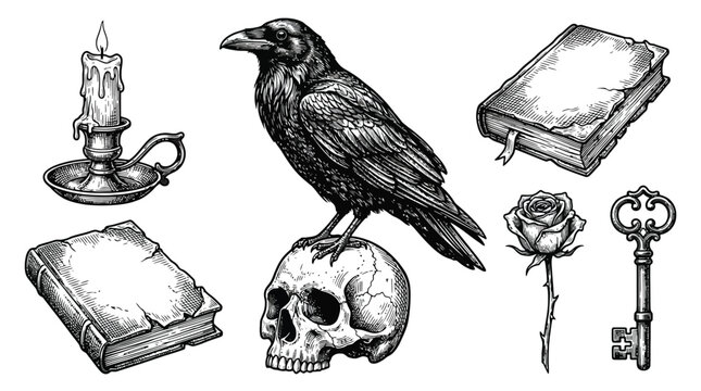 Halloween icon set vector with raven skull candles and books.