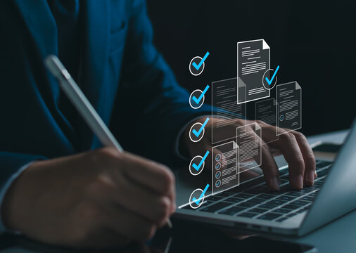 Businessman with laptop and online survey or internal business audit. quality control, consumer feedback evaluation, regulatory auditing, human resource performance review, tasks management tracking.