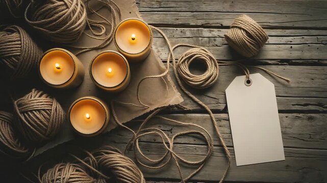 Crafting with candles and yarn at a rustic table during autumn evenings