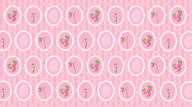 4k footage animation of pink strawberries, pink cherry, and pink flower in scalloped frames with pink ribbons on a gingham pink background. Sweet coquette aesthetic design.