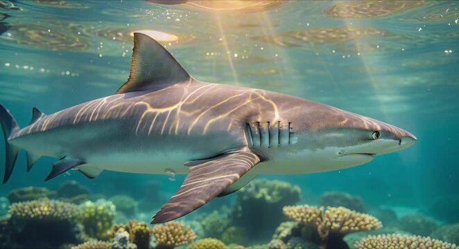 macro pan shot of sleek grey shark skin with dancing sunlight caustic patterns perfect for Shark Awareness Day