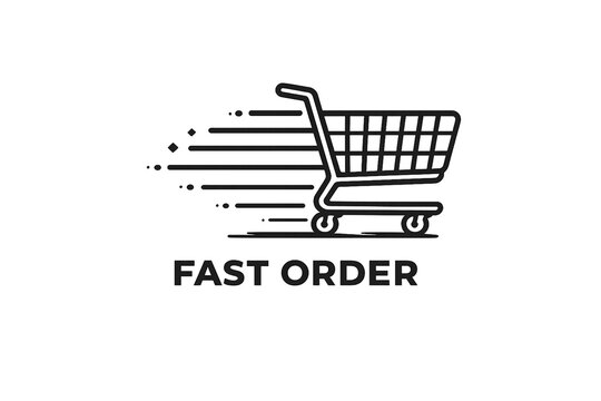 Fast order shopping cart speed delivery ecommerce icon logo design, minimal black line retail trolley symbol with motion effect, online store express checkout service vector isolated on white backgrou