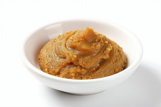 Light brown miso paste in white bowl. Japanese seasoning essential for soup stock. Fermented soybeans create umami flavor. Healthy paste for cooking preparation.