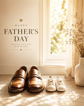 Father's Day celebration setup with vintage shoes and floral decoration on wooden table by sunny window