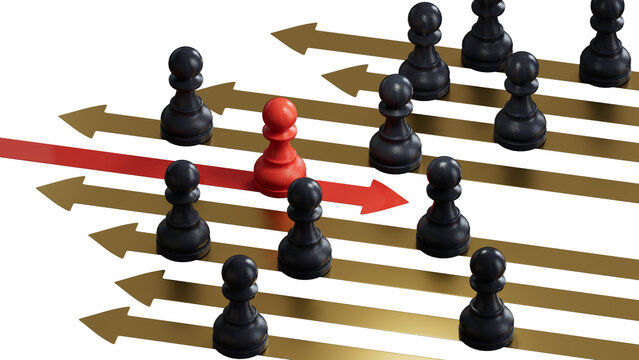 3d illustration of many black pawns going on the same direction and a RED one going on the opposite side.Supports PNG files with transparent backgrounds.