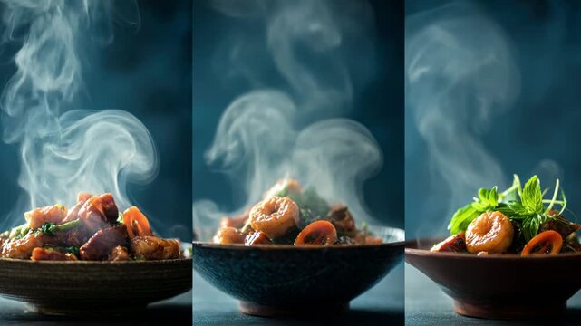Series of hot gourmet dishes with rising steam and rich textures in cinematic restaurant setting. Food advertising, menus and culinary presentation projects.