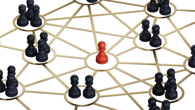 3D illustration of pawns linked together by many reden lines. Social connections concept.Supports PNG files with transparent backgrounds.
