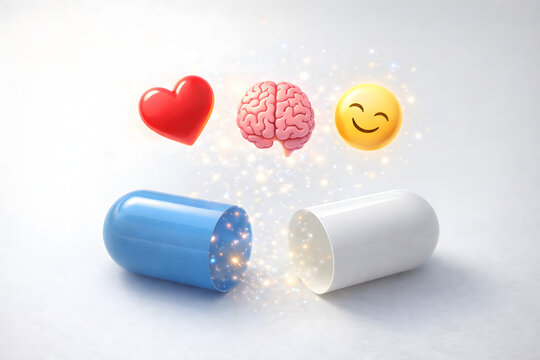 Mental health capsule with heart brain smiley icons on white background, emotional wellness concept, psychology therapy support, mood balance, happiness treatment, stress relief, mindfulness
