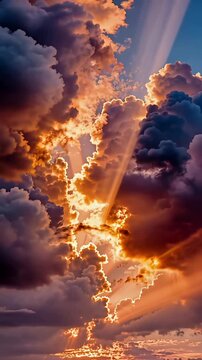 sunbeams piercing through fiery orange sunset clouds