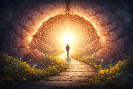 Human brain pathway glowing light spiritual awakening concept, lone figure walking inside surreal mind tunnel, mental transformation, imagination, consciousness, therapy, hope, psychology vision