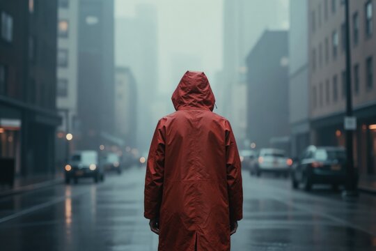 Person in red raincoat stands on wet city street. Buildings and cars obscured by fog. Reflective wet road and blurred lights create moody atmosphere. Person faces away, lost in thought, city rain.