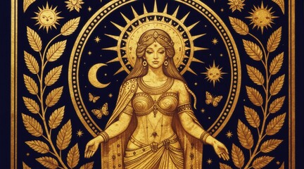 Obraz premium Golden goddess central figure framed by celestial sun moon and star motifs. Intricate floral branches and butterflies surround her. Artistry suggests cosmic spiritual divine feminine energy.