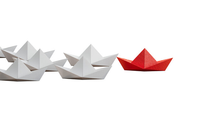 Different business concept.new ideas. paper art style. creative idea.Leadership concept, red leader boat leading white boats.Supports PNG files with transparent backgrounds.