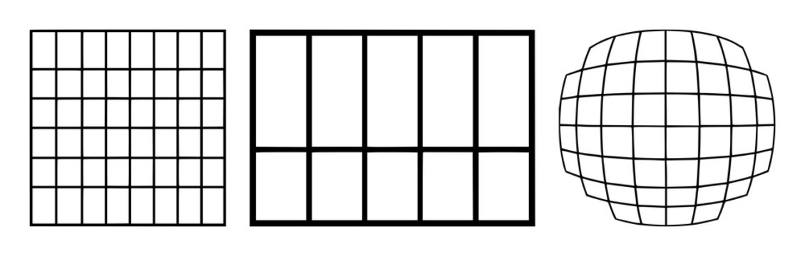 Wireframe grid set with solid black icon on white background featuring UX, wireframe, grid with grid lines and digital design