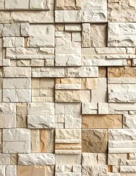 A beige and tan stone wall with rectangular bricks
