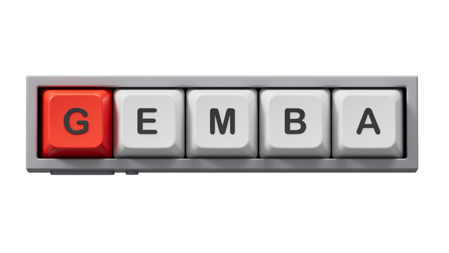 Word gemba. Wooden small Computer keyboard keys with letters with copy space available.close up of Computer keyboard keys,Business Concept.3D rendering  clipping path.