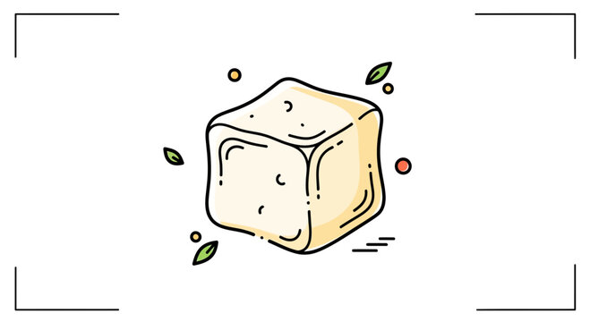 Hand-drawn illustration of a tofu cube with herbs and spices, minimalist food art