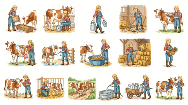 Set of female dairy farmer illustrations showing a woman feeding milking cleaning and caring for brown cows in beautiful hand drawn watercolor vector style.