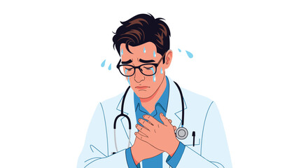 Fototapeta premium Male doctor in a white coat and blue shirt clutching his chest with a pained expression and sweat, suggesting a heart attack.