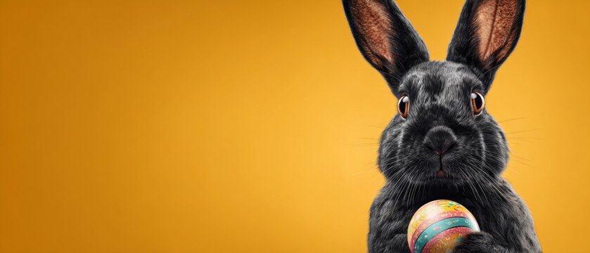 Charming easter greetings featuring a cute bunny with easter egg. Fantasy poster. A playful black bunny with a decorated egg for easter greetings. Cinema artwork. Film poster.