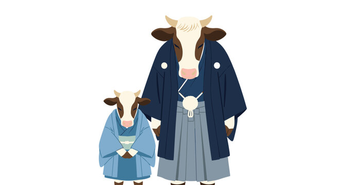 Pair of cows or oxen dressed in traditional Japanese festival attire like kimono and hakama for celebratory occasions or events.