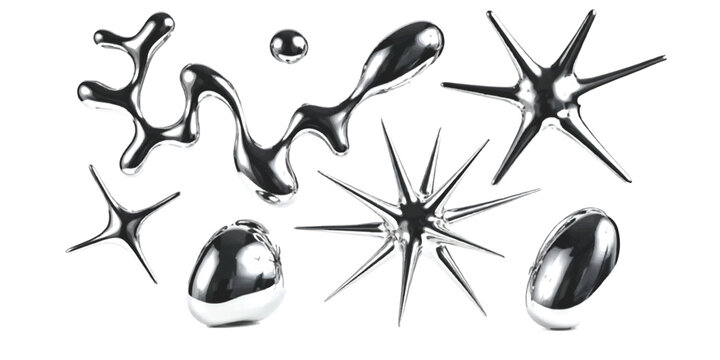 Abstract liquid metal blobs and chrome star shapes collection with shiny reflective surfaces