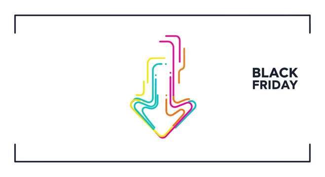 Black Friday Down Arrow Graphic with Colorful Lines and White Background